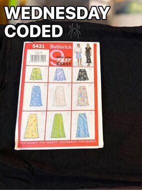 Wednesday Addams Style DIY Skirt Kit 60s Black Textured Satin + Uncut Pattern